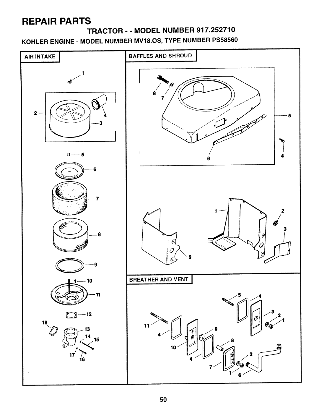 Sears 917.25271 owner manual D,,Rud,,I, Kohler ENGINE- Model Number MV18.OS, Type Number PS58560 