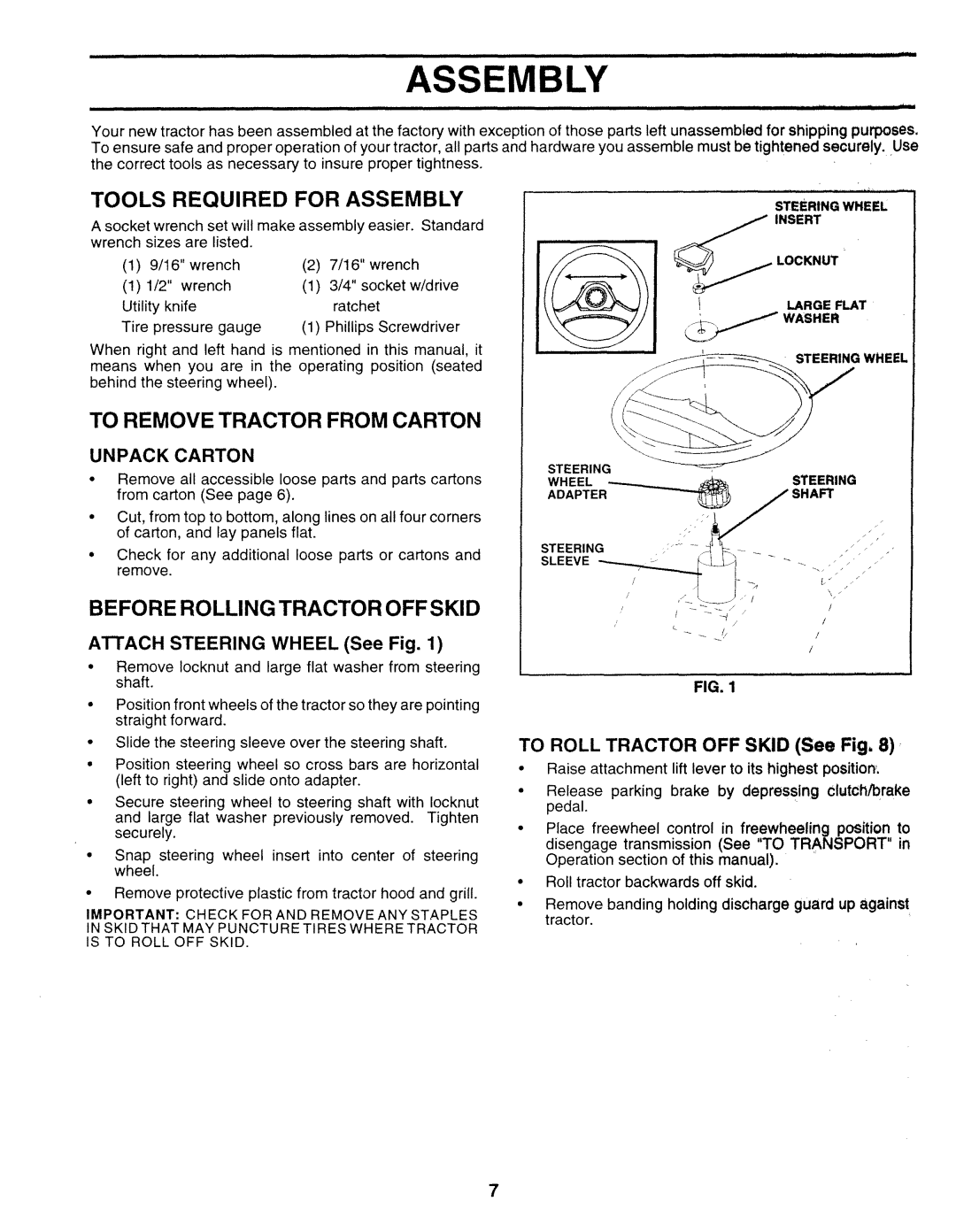 Sears 917.25271 Tools Required for Assembly, To Remove Tractor from Carton, Before Rolling Tractor OFF Skid, Unpack Carton 