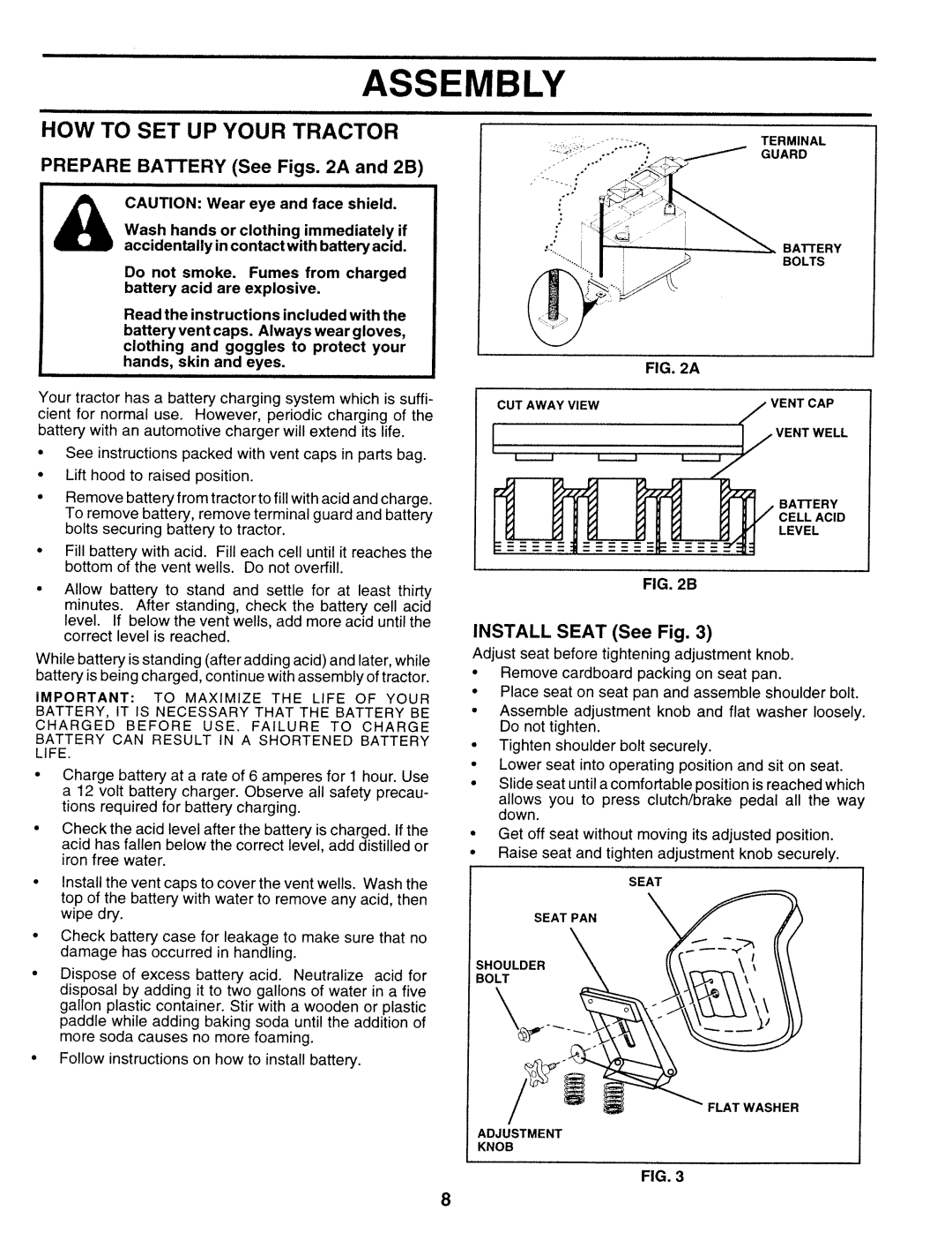 Sears 917.25271 owner manual Assembly, HOW to SET UP Your Tractor, Prepare Battery See Figs a and 2B, Install Seat See Fig 