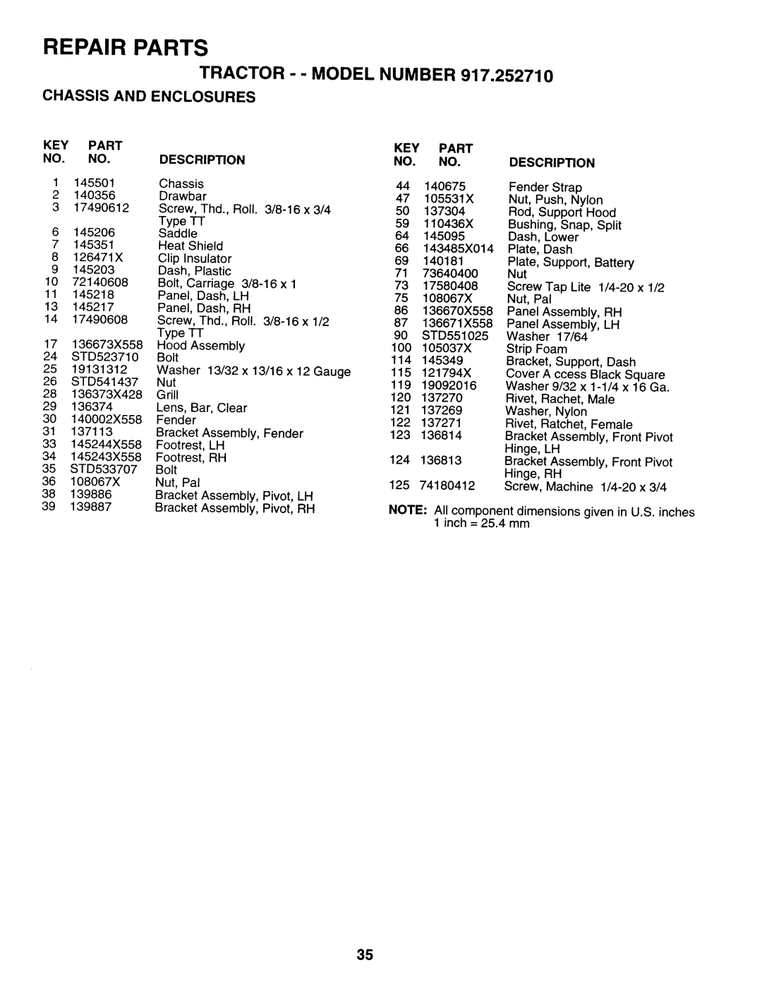 Sears 917.25271 owner manual KEY Part Description 