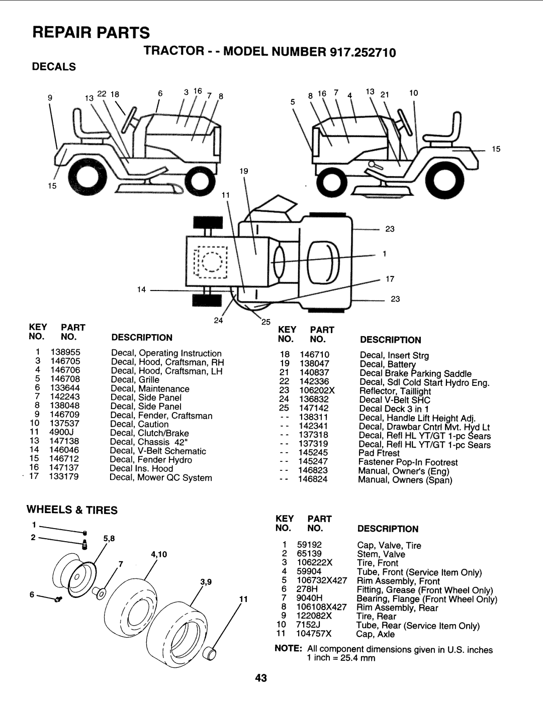 Sears 917.25271 owner manual Repair Parts, Tractor -- Model Number, Decals, Wheels & Tires, Description 