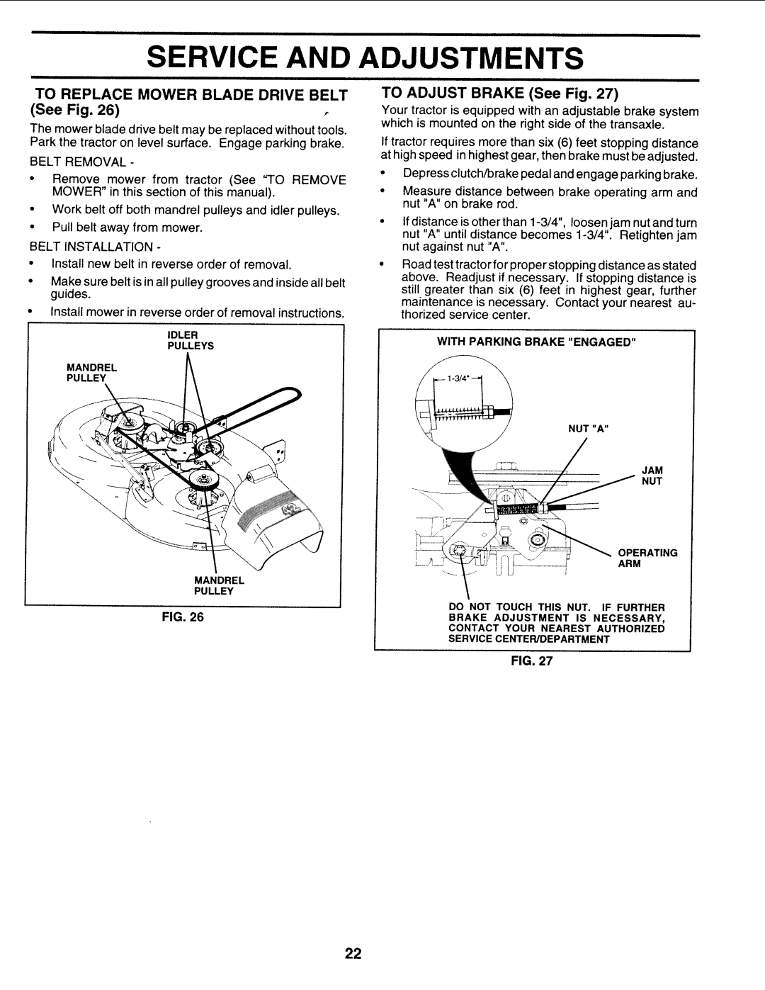 Sears 917.25271 owner manual Service And, Adjustments, TO REPLACE MOWER BLADE DRIVE BELT See Fig, TO ADJUST BRAKE See Fig 