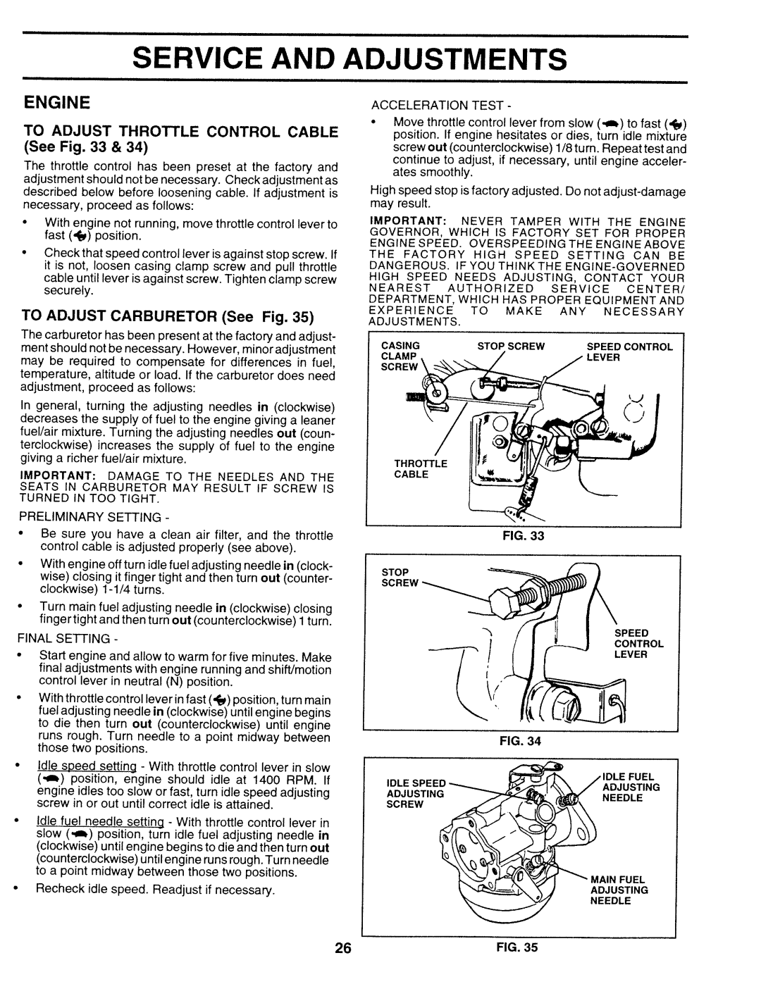 Sears 917.25271 sc. w, Service And, Adjustments, TO ADJUST THROTTLE CONTROL CABLE See, TO ADJUST CARBURETOR See Fig 