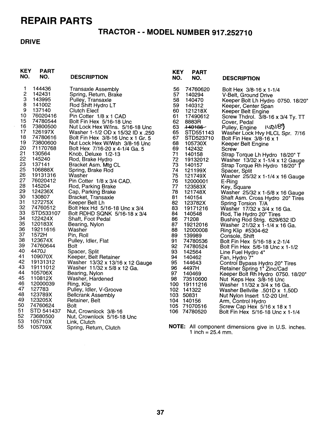 Sears 917.25271 owner manual Repair Parts, Key Part No. No, Tractor - - Model Number, Drive, Description 