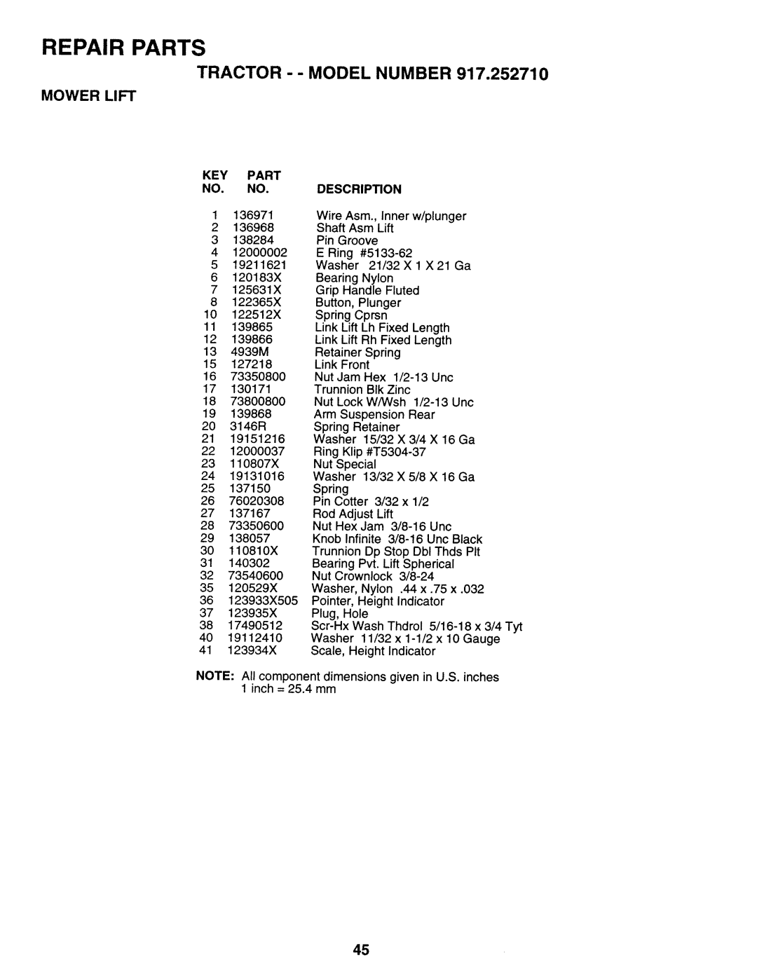 Sears 917.25271 owner manual Mower Lift, Repair Parts, Tractor -- Model Number, Description 