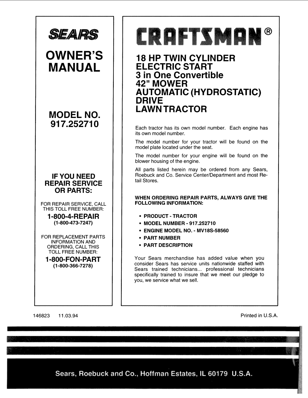 Sears 917.25271 Owners Manual, Model No, Hp Twin Cylinder Electric Start, in One Convertible 42 MOWER, Repair, Fon-Part 