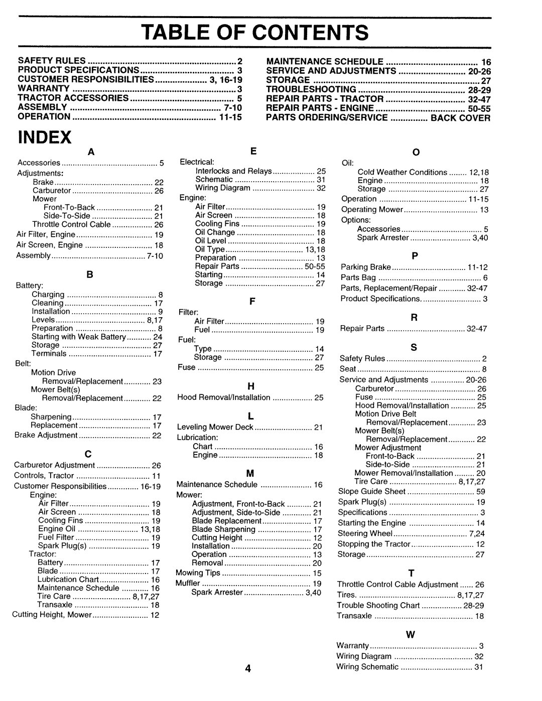 Sears 917.25271 Table, Contents, Index, Safety Rules, Product, Specifications, Customer, Responsibilities, Warranty, 7-10 