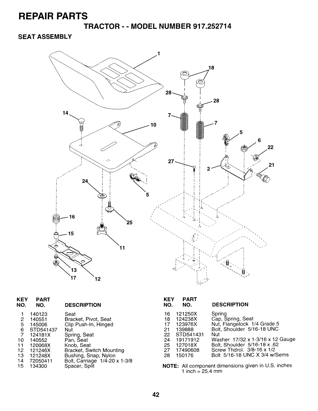 Sears 917.252714 manual Seat Assembly 