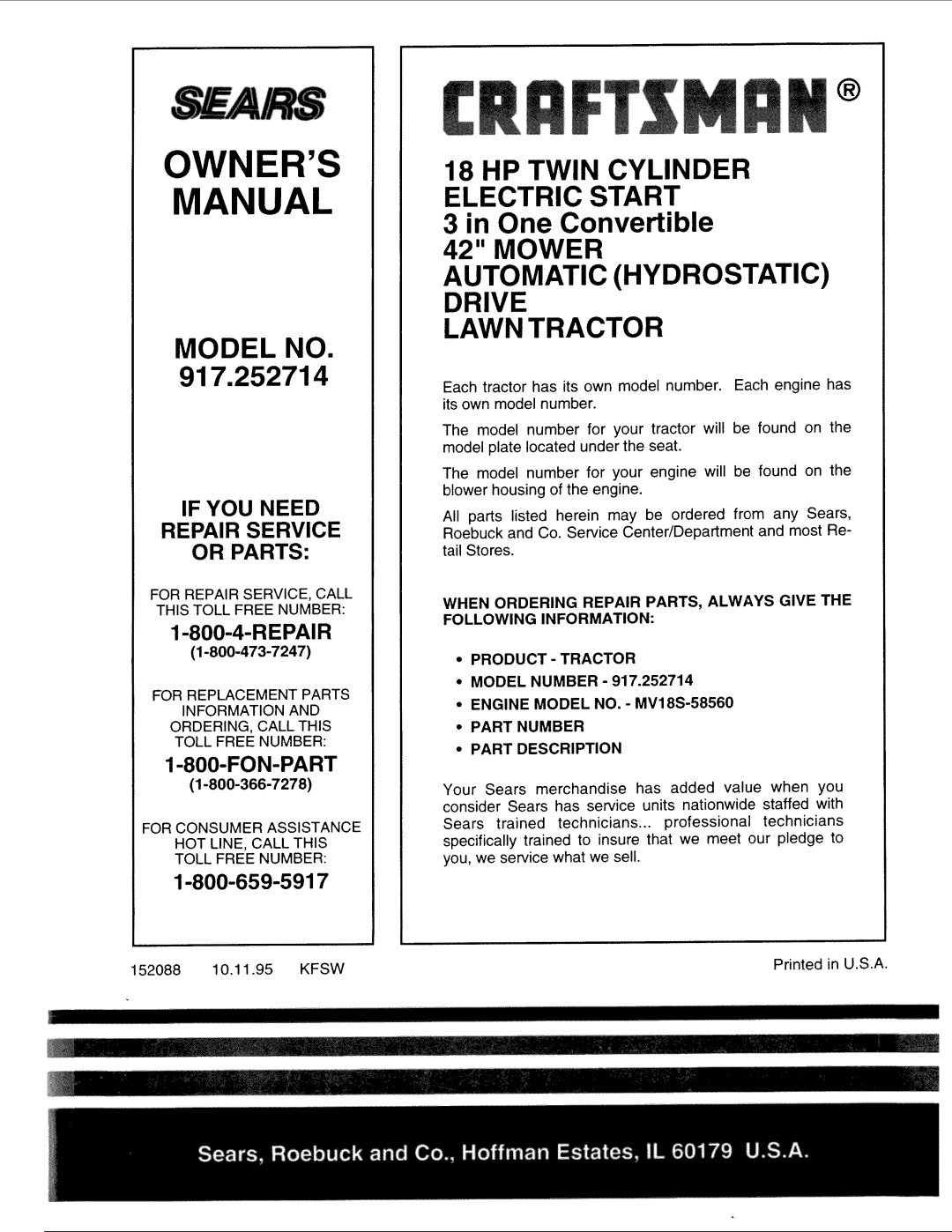 Sears 917.252714 manual HP Twin Cylinder Electric Start 