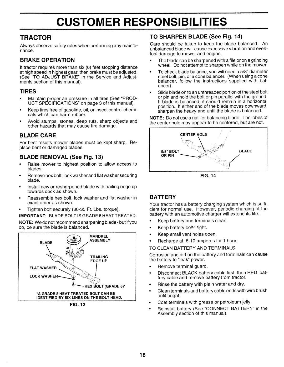 Sears 917.252714 manual Tractor, Brake Operation, Blade Care, Battery 