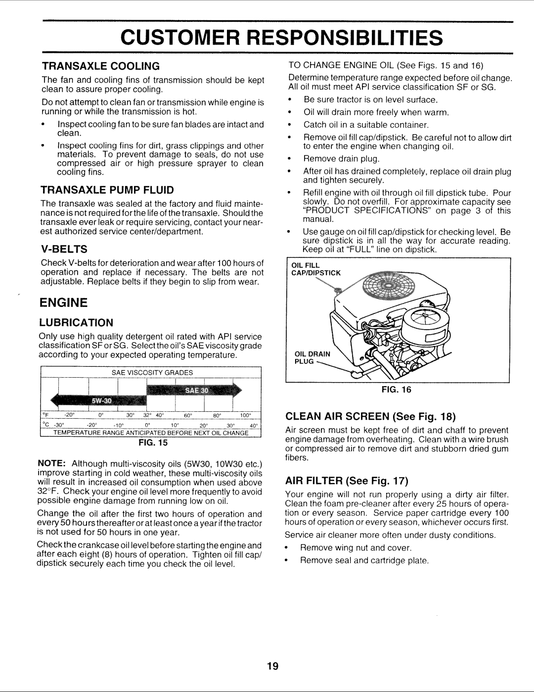 Sears 917.252714 manual Engine, Transaxle Cooling, Transaxle Pump Fluid, Belts, Lubrication 