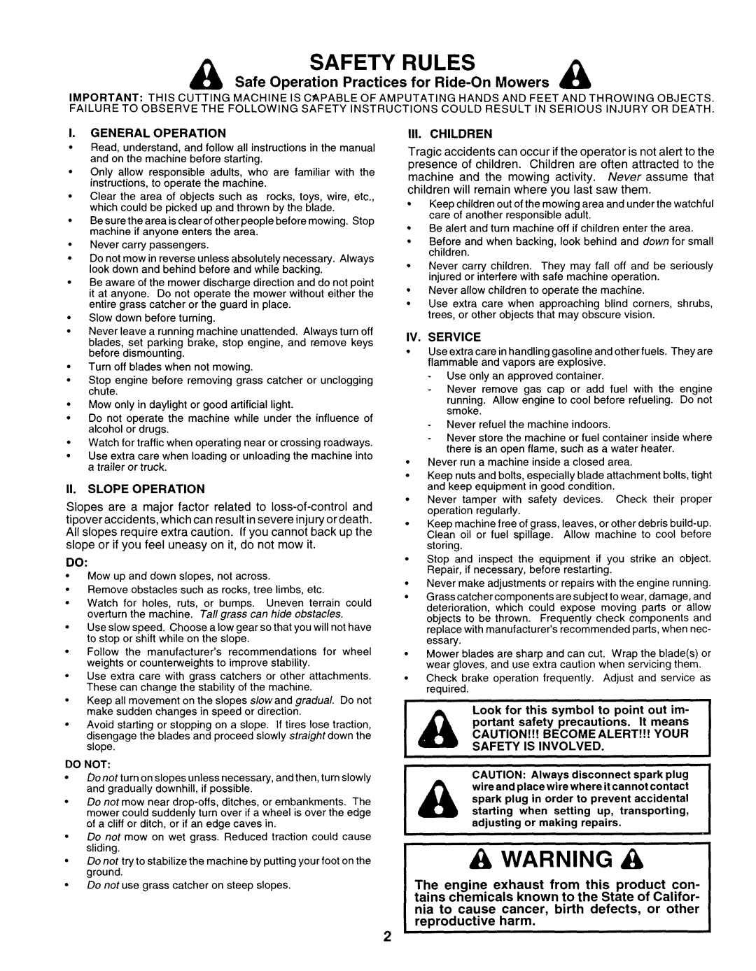 Sears 917.252714 manual Safety Rules, Safe Operation Practices for Ride-On Mowers 