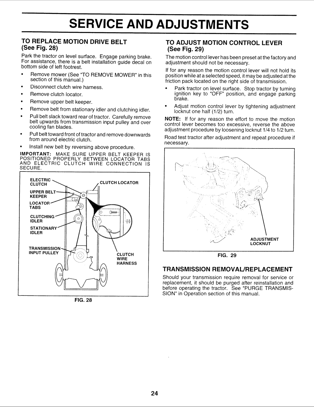 Sears 917.252714 manual To Replace Motion Drive Belt See Fig, To Adjust Motion Control Lever See Fig 