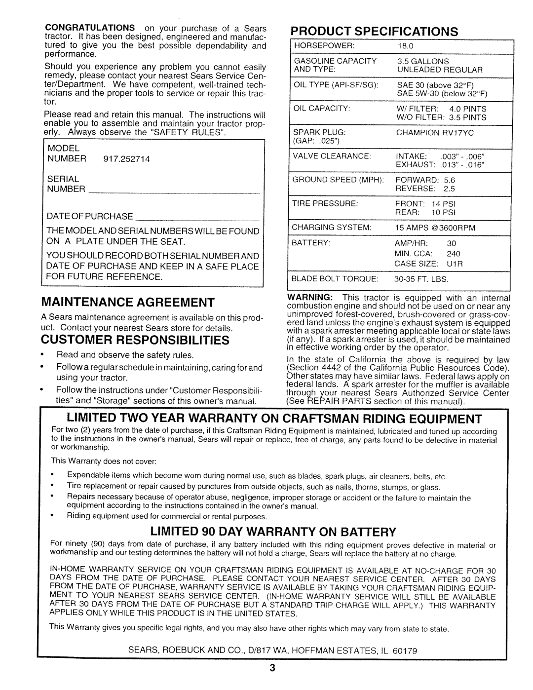 Sears 917.252714 manual Maintenance Agreement, Limited TWO Year Warranty on Craftsman Riding Equipment, Model 