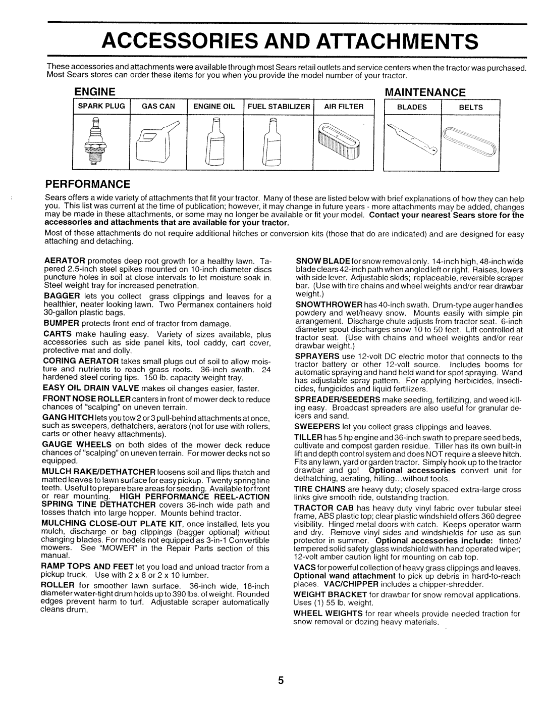 Sears 917.252714 manual Accessories and Attachments, Engine Maintenance, Performance 