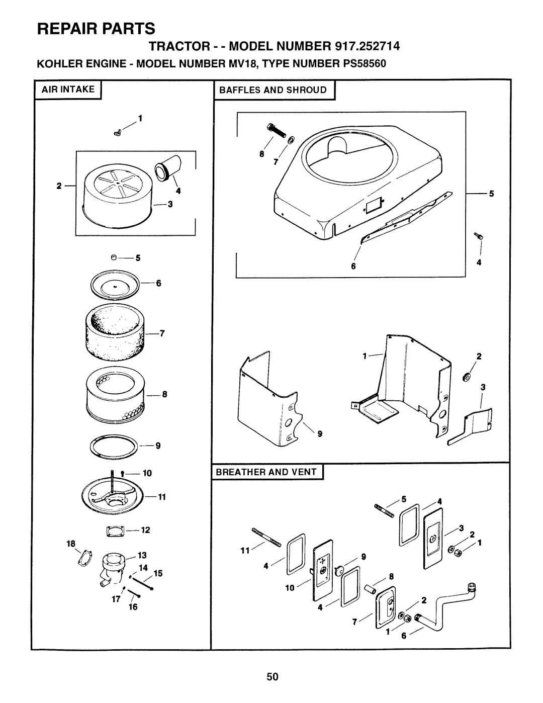 Sears 917.252714 manual Tractor -- Model Number, Kohler Engine Model Number MV18, Type Number PS58560 