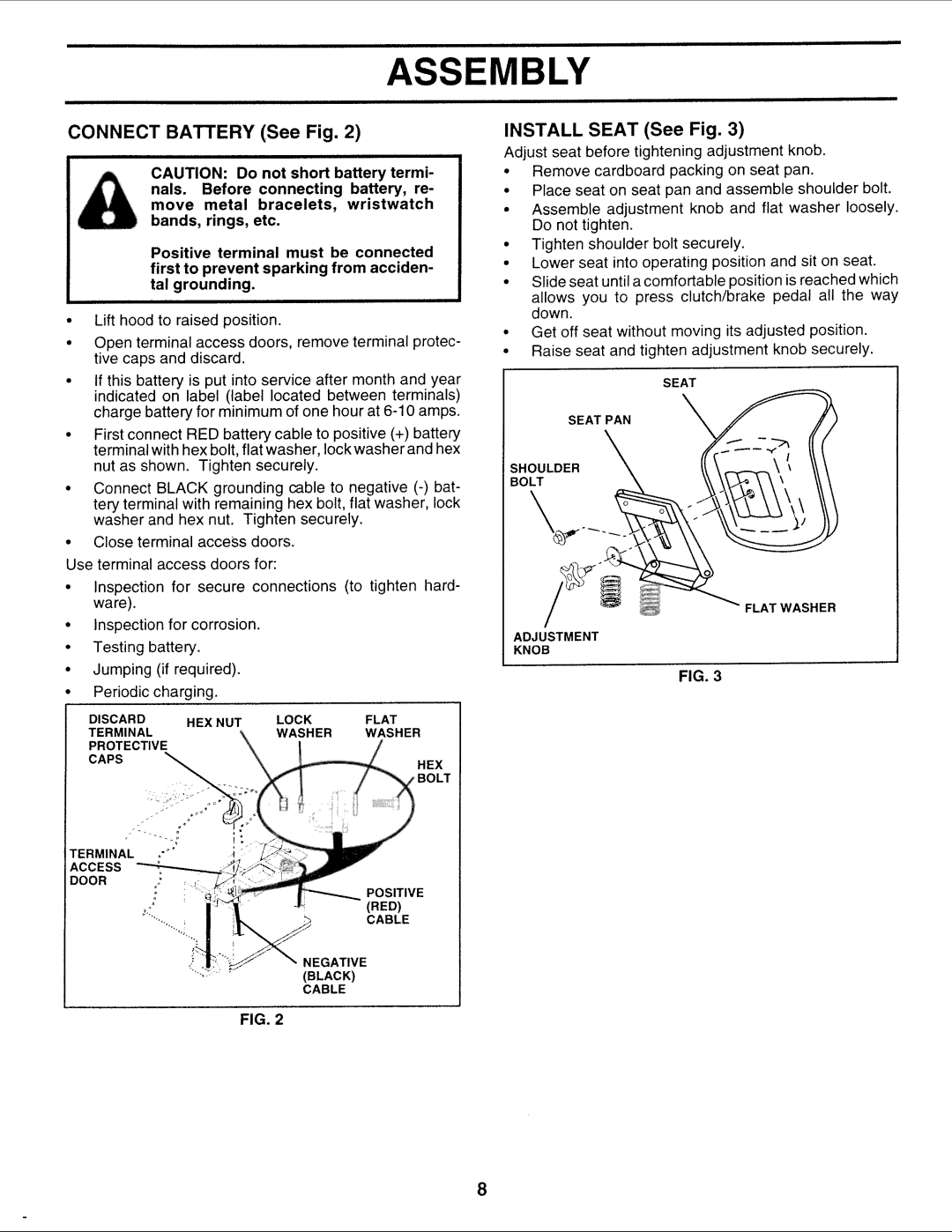 Sears 917.252714 manual Connect Battery See Fig, Install Seat See Fig 