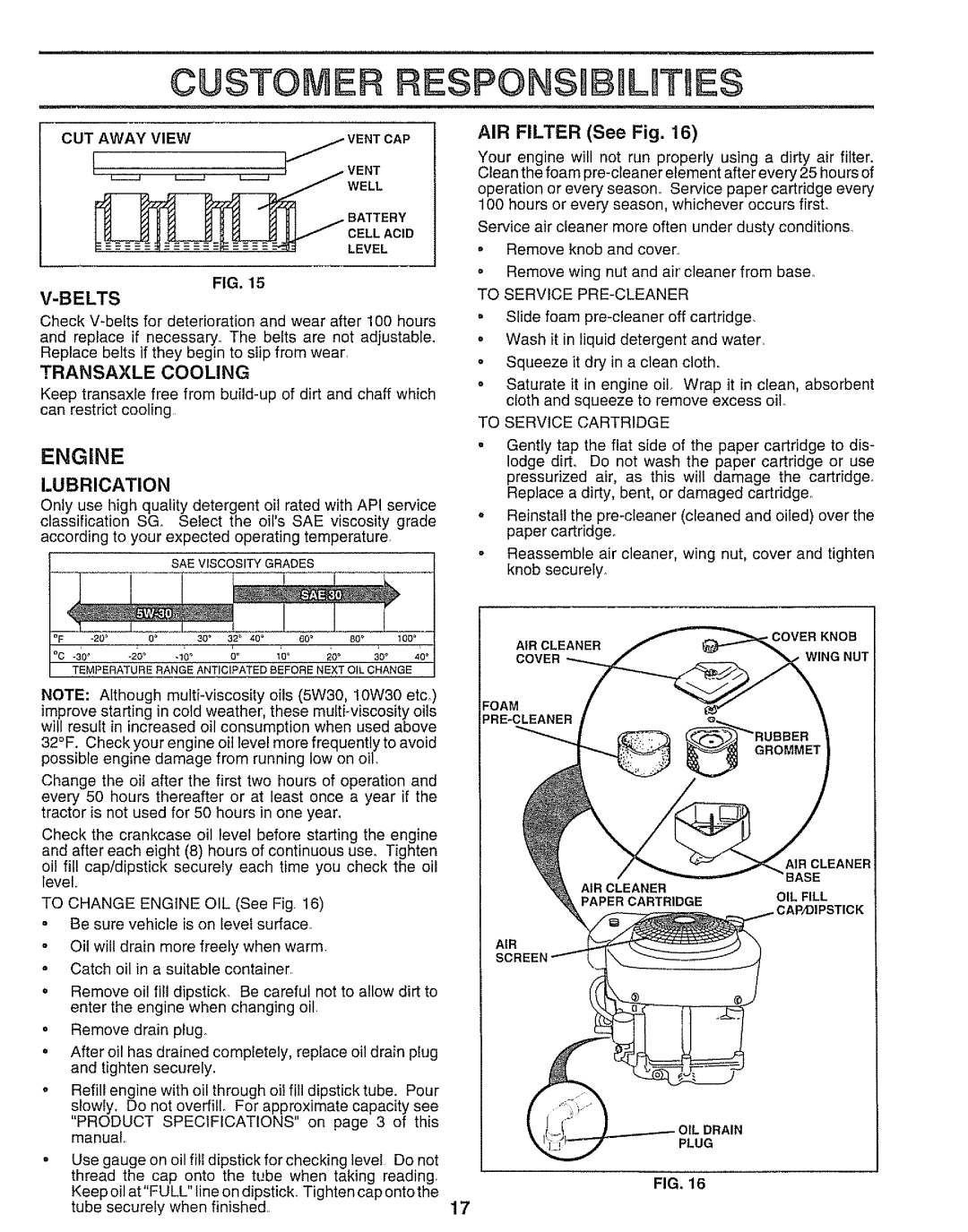 Sears 917.25545 owner manual Customer Respo, Engine, Belts, 2oo .loo 6 oo 40, AIR Filter See Fig 