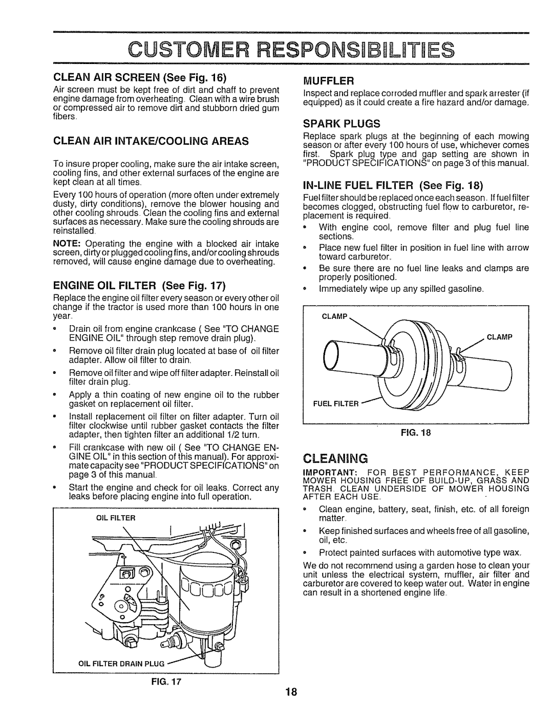 Sears 917.25545 owner manual Cleaning, Clean AIR INTAKE/COOLING Areas, Engine OIL Filter See Fig, Sparkplugs, Muffler 