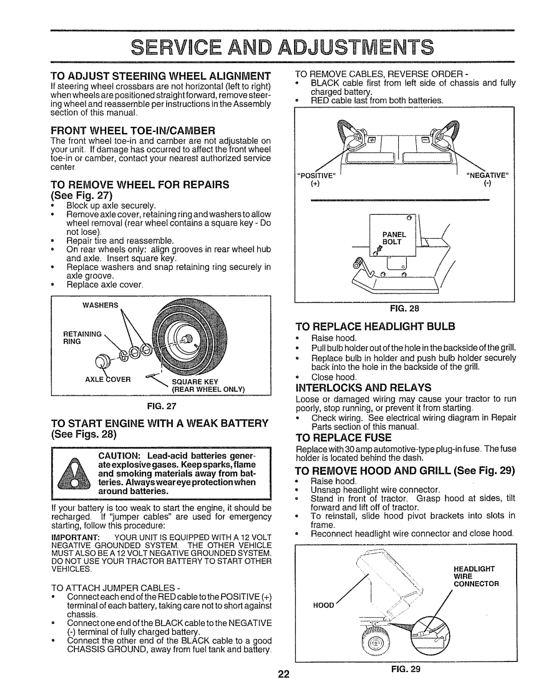 Sears 917.25545 owner manual Service and Adjustments, To Start Engine with a Weak BAFrERY, See Figs 