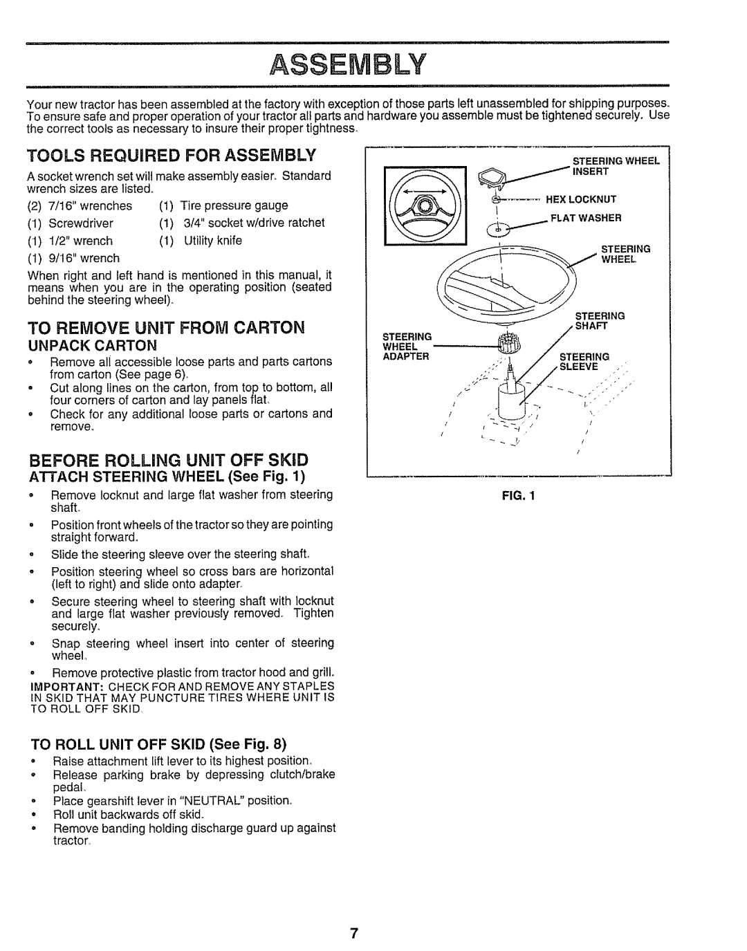 Sears 917.25545 To Remove Unit from Carton, Unpack Carton, Attach Steering Wheel See Fig, To Roll Unit OFF Skid See Fig 