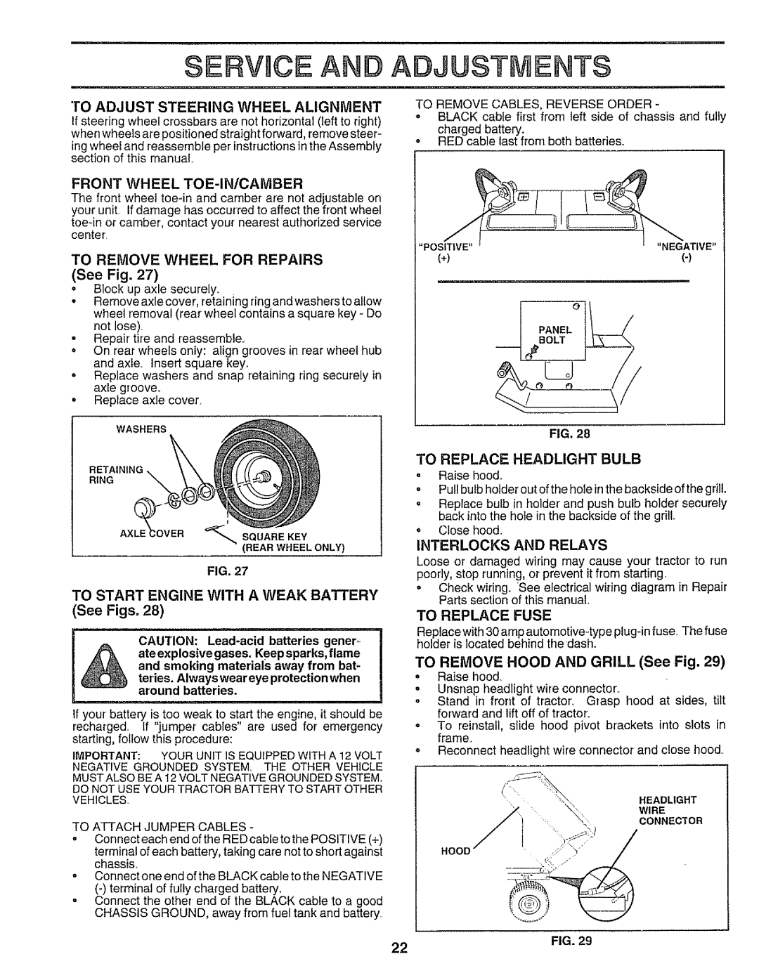 Sears 917.25545 Service And Adjustments, TO START ENGINE WITH A WEAK BAFrERY, See Figs, To Adjust Steering Wheel Alignment 