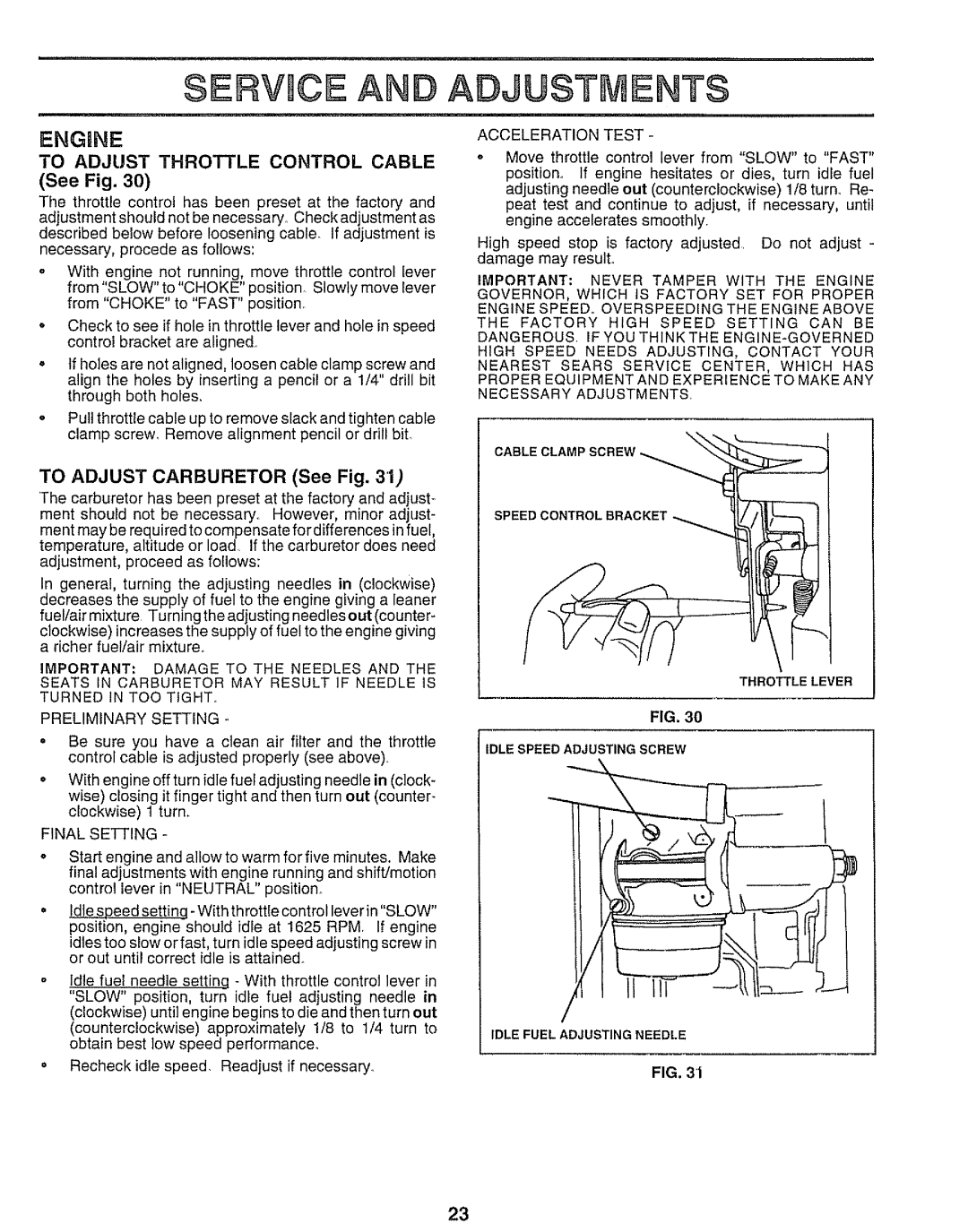 Sears 917.25545 owner manual SERVnCE AND, Adjustments, Engine, TO ADJUST THROTTLE CONTROL CABLE See Fig 