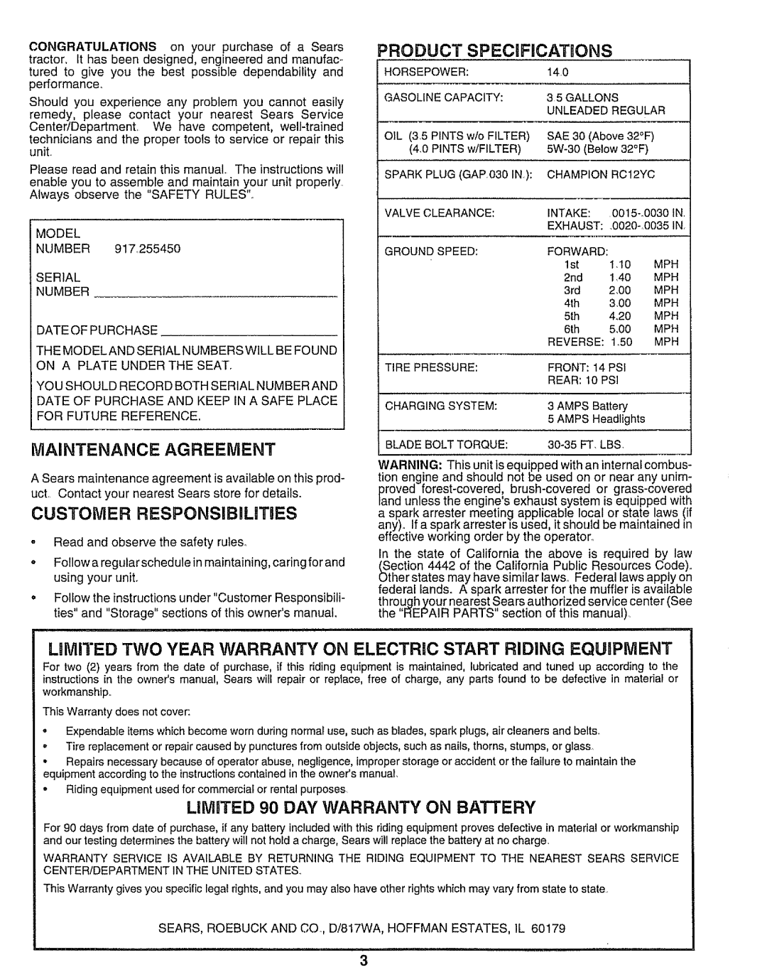 Sears 917.25545 owner manual Maintenance Agreement, CUSTOMER RESPONSiBILiTiES, Product Specificat Ons 