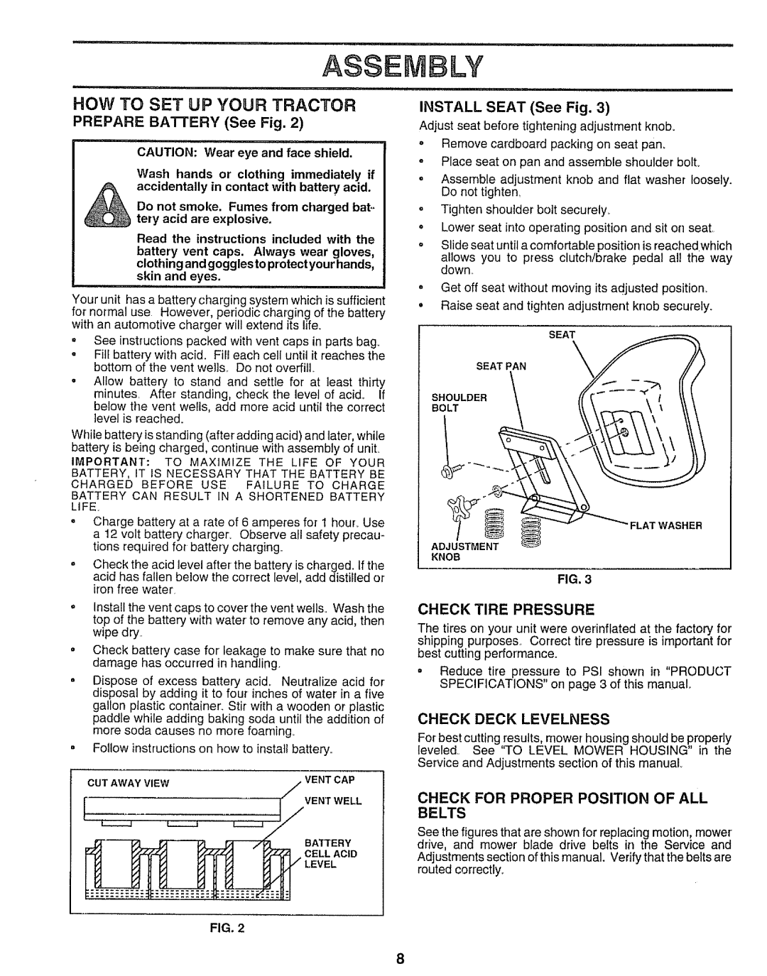Sears 917.25545 Asse Ly, How To Set Up Your Tractor, PREPARE BAI-rERYSee Fig, Check Tire Pressure, Check Deck Levelness 