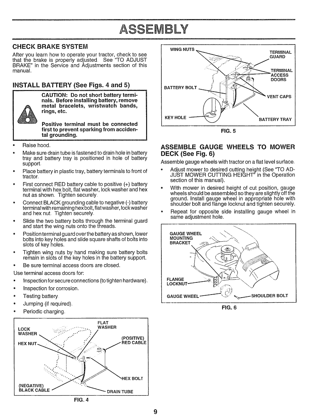 Sears 917.25545 owner manual Assembly, Check Brake System, INSTALL BATTERY See Figs. 4 and, Wingnuts, DECK See Fig 