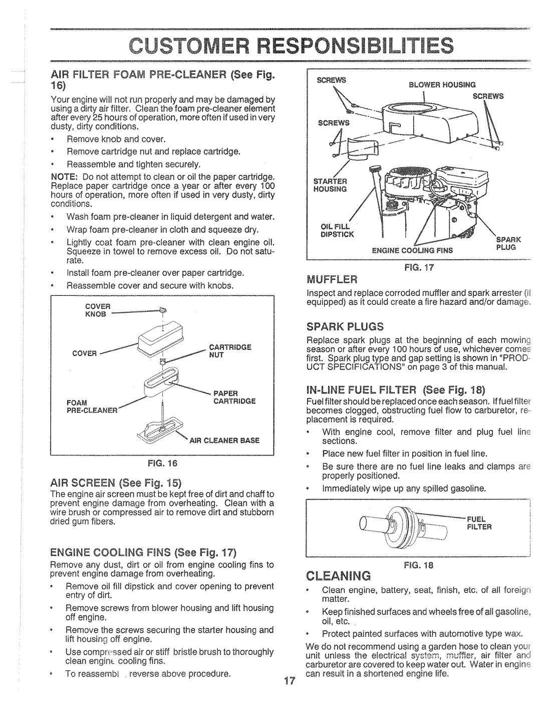 Sears 917.25559 manual Custo E Responsi, Clsaning, Muffler, Spark Plugs 