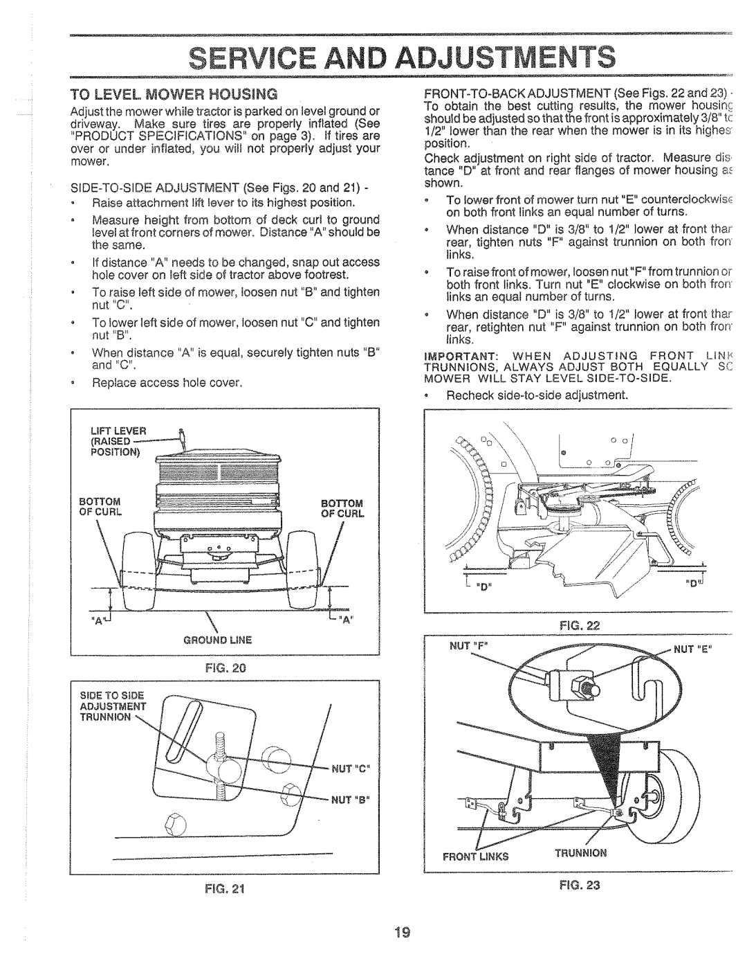 Sears 917.25559 manual Service AN Adjustments, To Level Mower Housing 