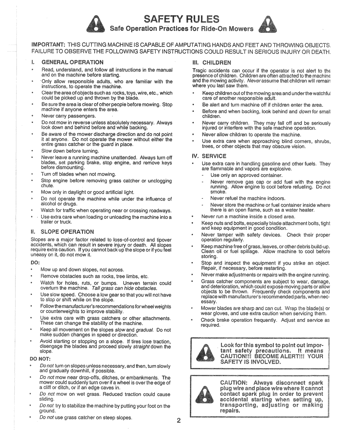 Sears 917.25559 manual Safe Operation Practices for RideOn Mowers, I1. Slope Operation, Children, IV. Service 