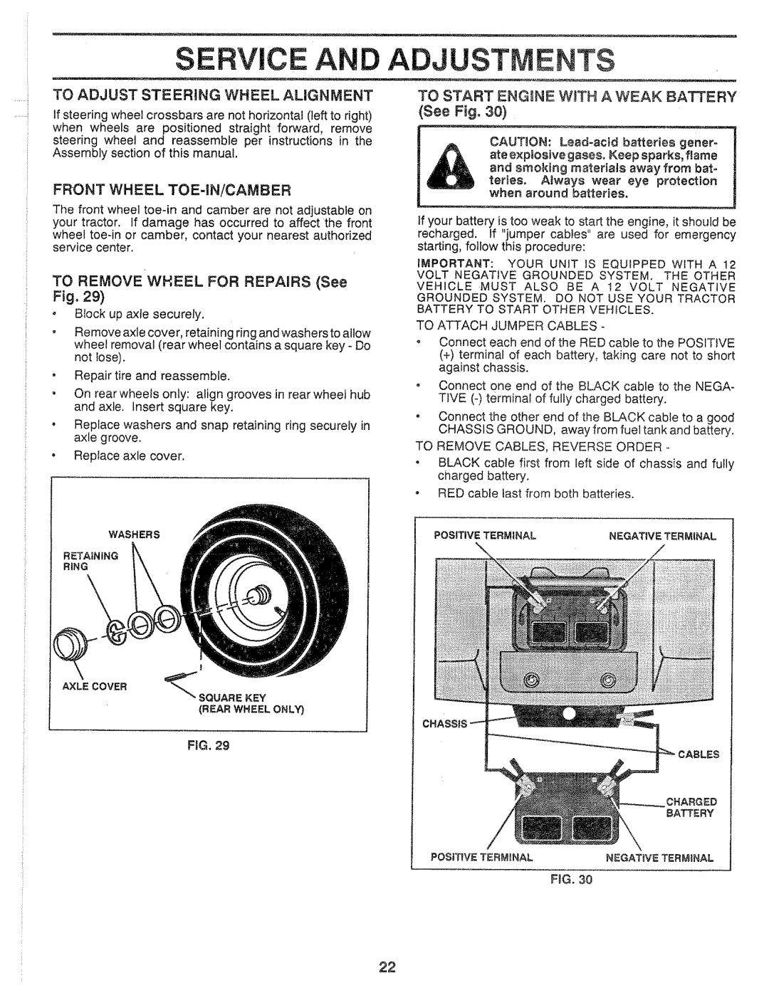 Sears 917.25559 manual Front Wheel TOE-IN/CAMBER, To Remove Wheel for Repairs See Fig, To Start Engine WiTH a Weak Battery 