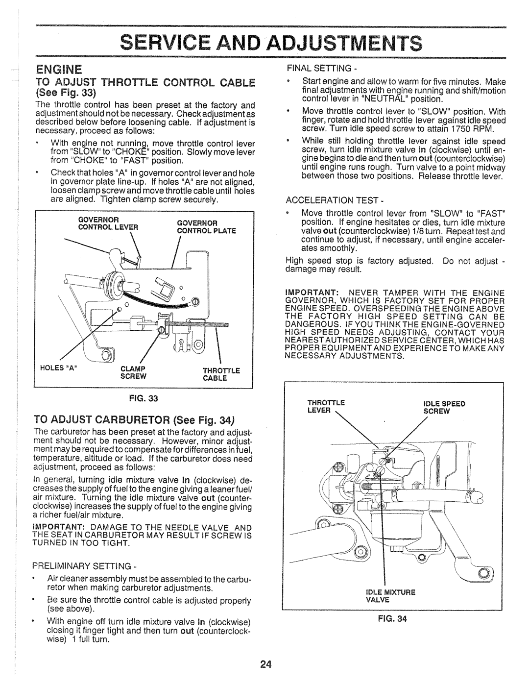 Sears 917.25559 manual To Adjust Carburetor See Fig, Final Setting, Acceleration Test, Preliminary Setting 