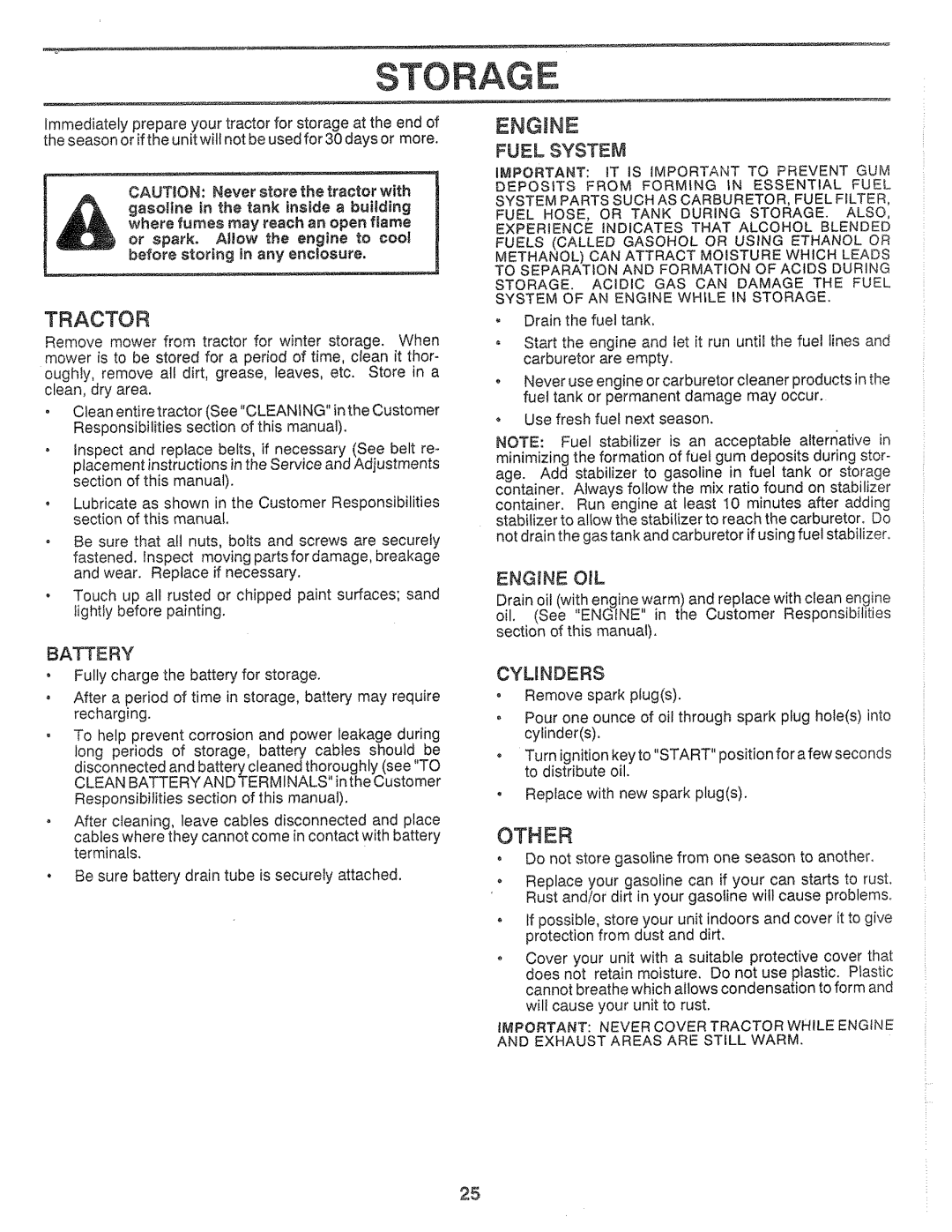 Sears 917.25559 manual Storage, Fuel System, Engine OIL, Cylinders 