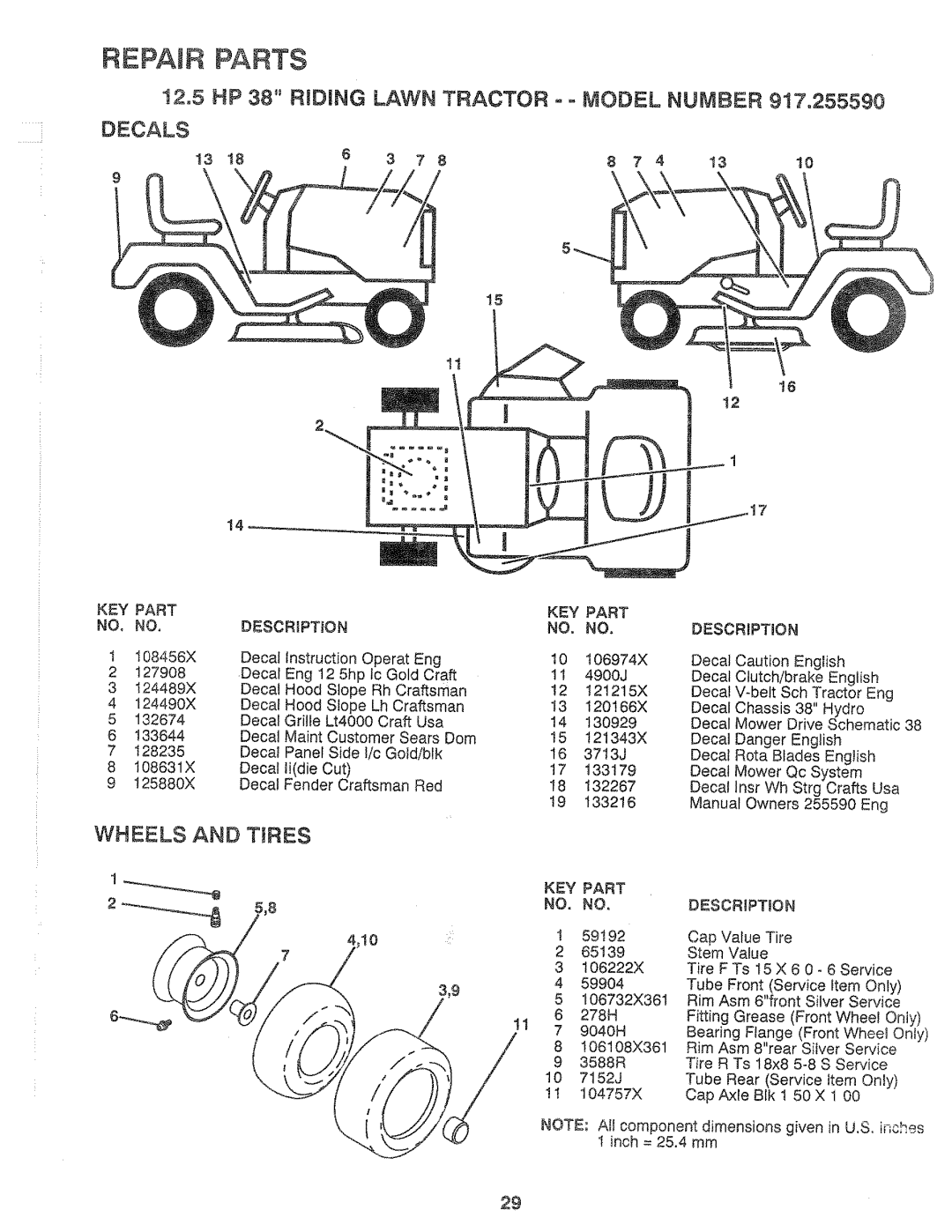 Sears 917.25559 manual Decals, Wheels and Tires, KEY Part Description NO. no, Key 