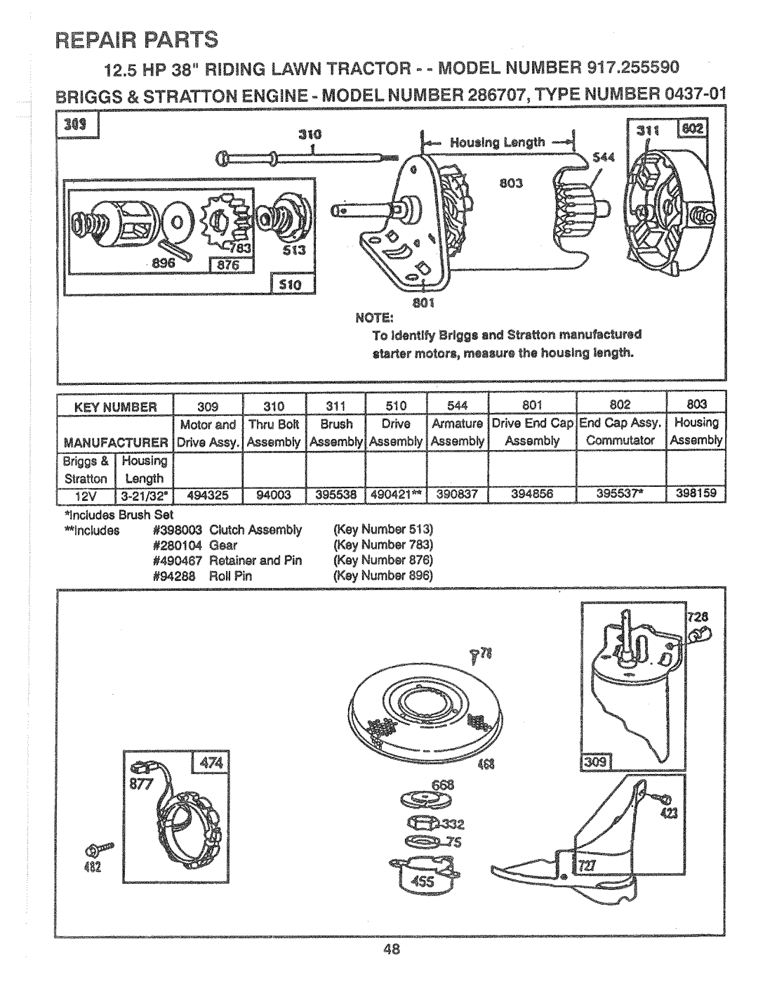 Sears 917.25559 manual KEY Number, Manufacturer 