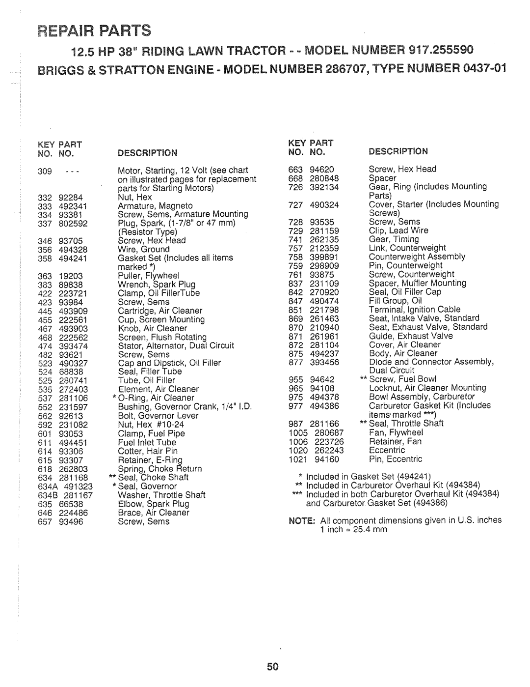 Sears 917.25559 manual KEY Part, Part NO. no 