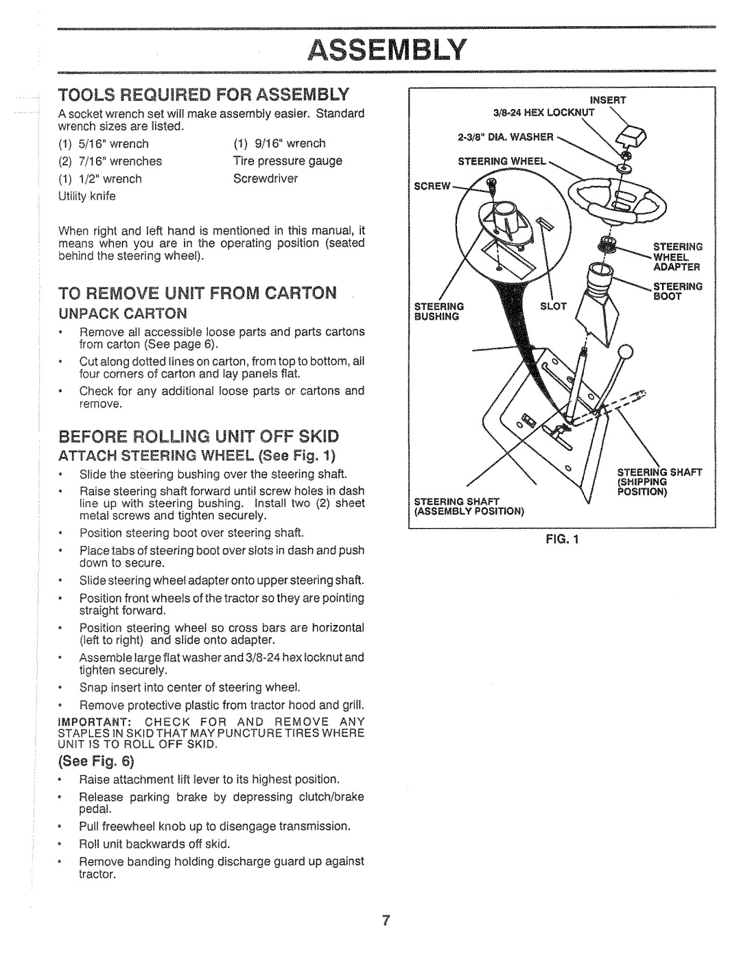 Sears 917.25559 Tools Required For Assembly, To Remove Unit from Carton, Unpack Carton, Attach STEE!RJNG Wheel See Fig 