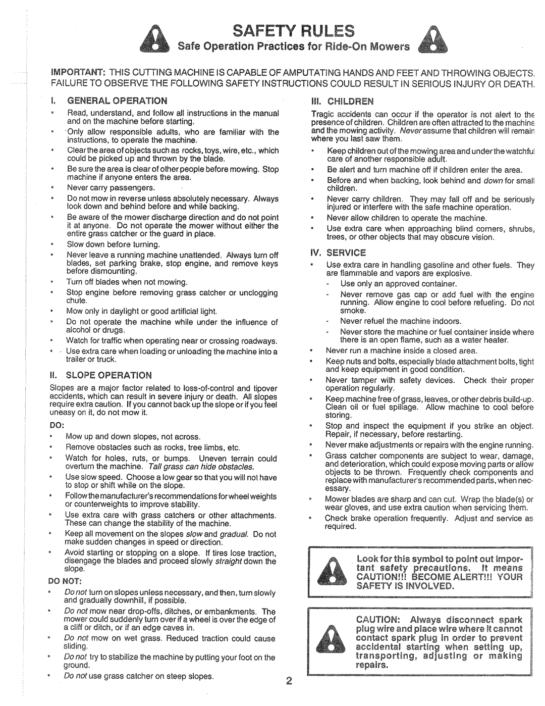 Sears 917.25559 manual Safety Rules, Safe Operation Practices for RideOn Mowers 