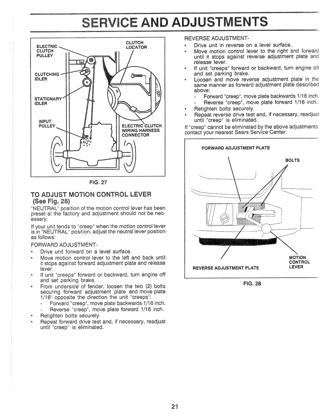 Sears 917.25559 manual Service An Adjustments, See Fig, To Adjust Motion Control Lever, Connector, FiG 