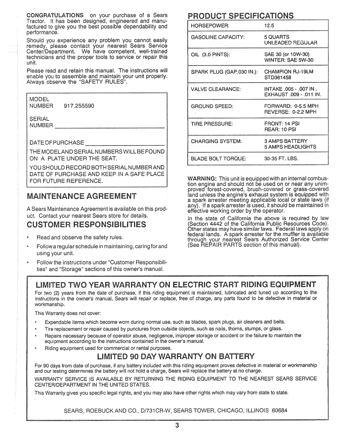 Sears 917.25559 manual Mawntenance Agreement, CUSTOMER RESPONSIBALtTIES, PRODUCT SPEC FmCATIONS 