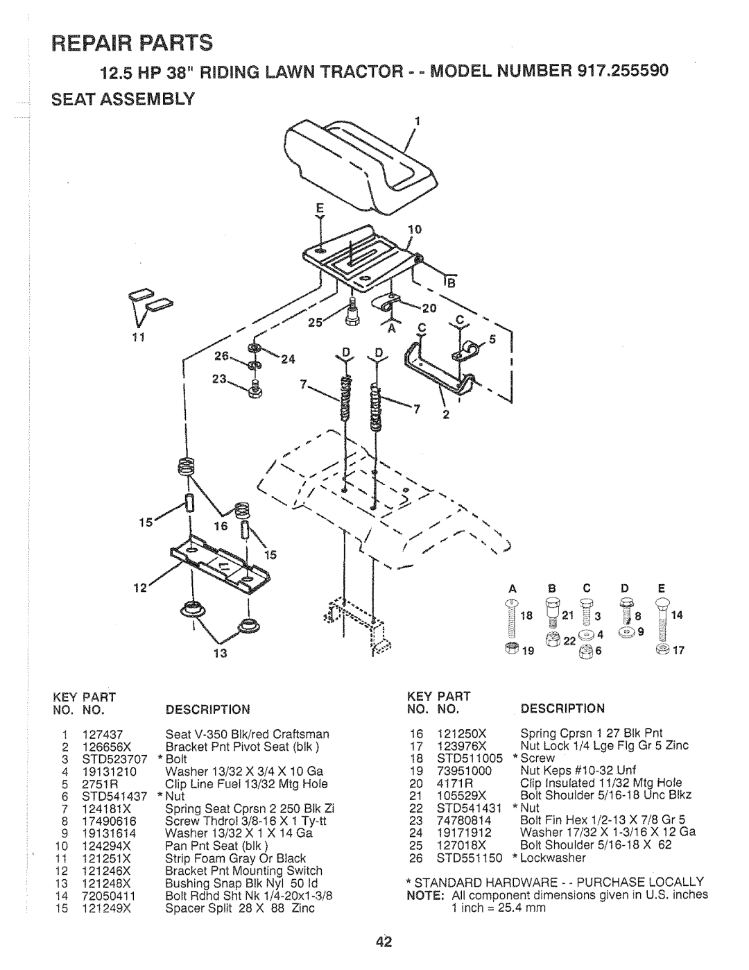 Sears 917.25559 manual Seat Assem Bly, Repair Parts 