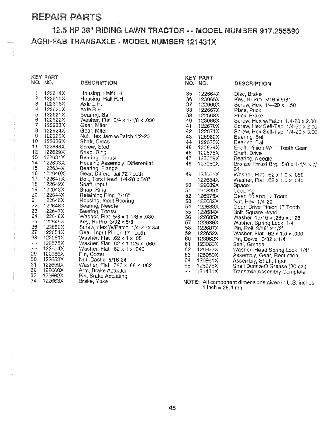 Sears 917.25559 manual AGR oFAB TRANSAXLE o MODEL NUMBER t21431X, Repair Parts 