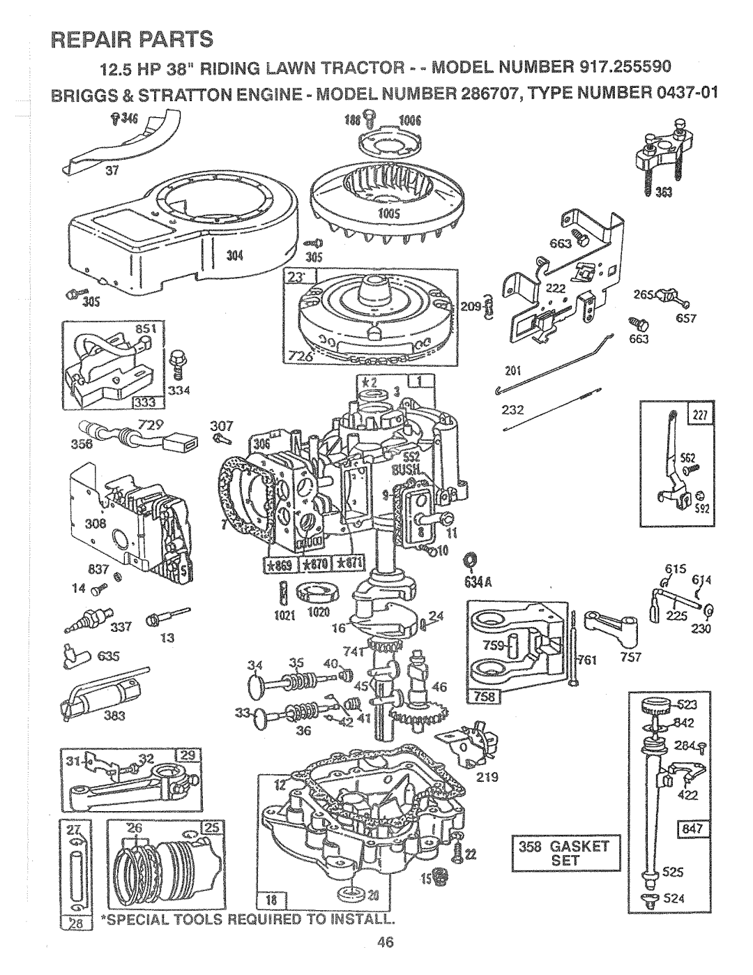 Sears 917.25559 manual Gasketset, SPECIAL TOOLS REQUIRED TO _NSTALLo, Y337, Repair Parts, _szs 