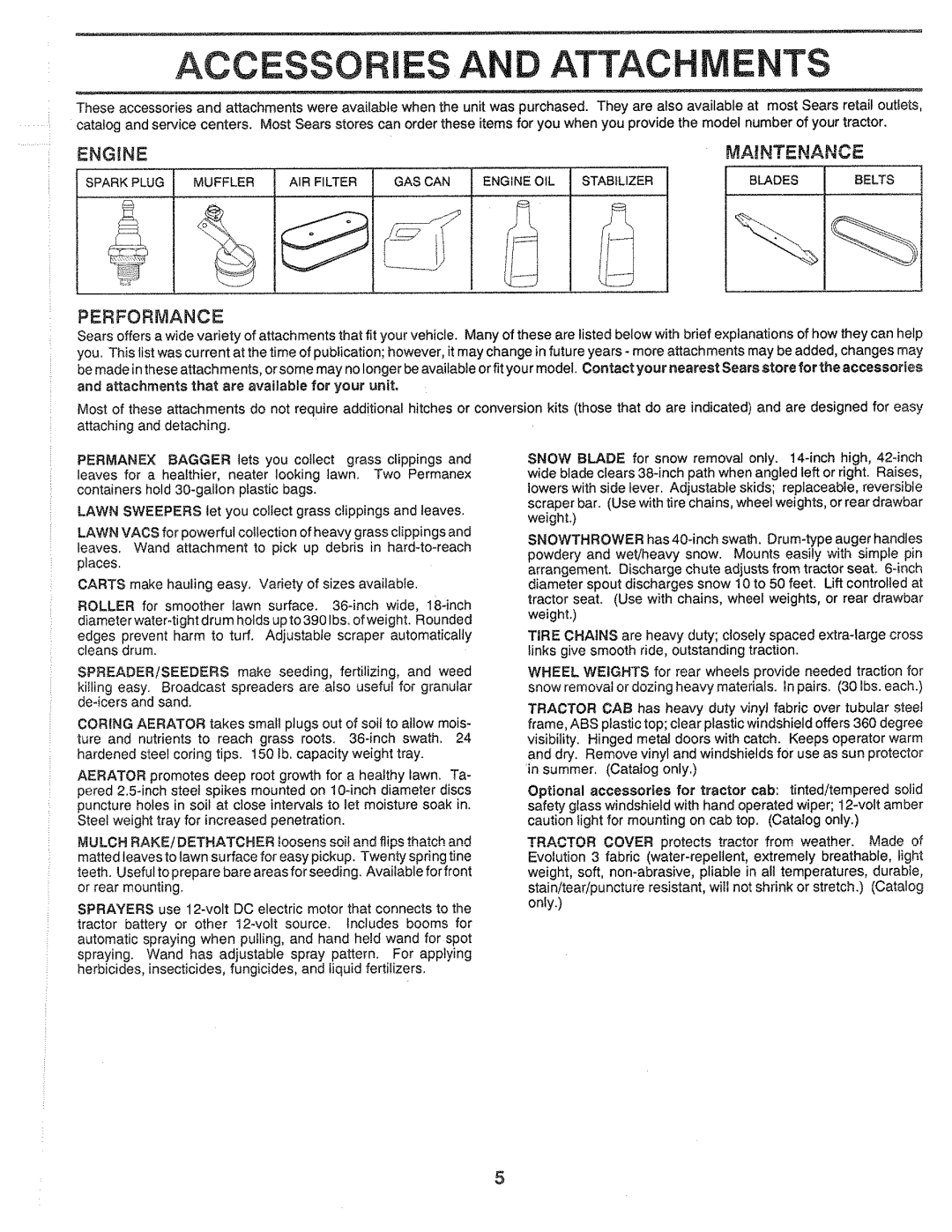 Sears 917.25559 manual Accessories An Attachments, Engine, Na_Ntenance, Performance 