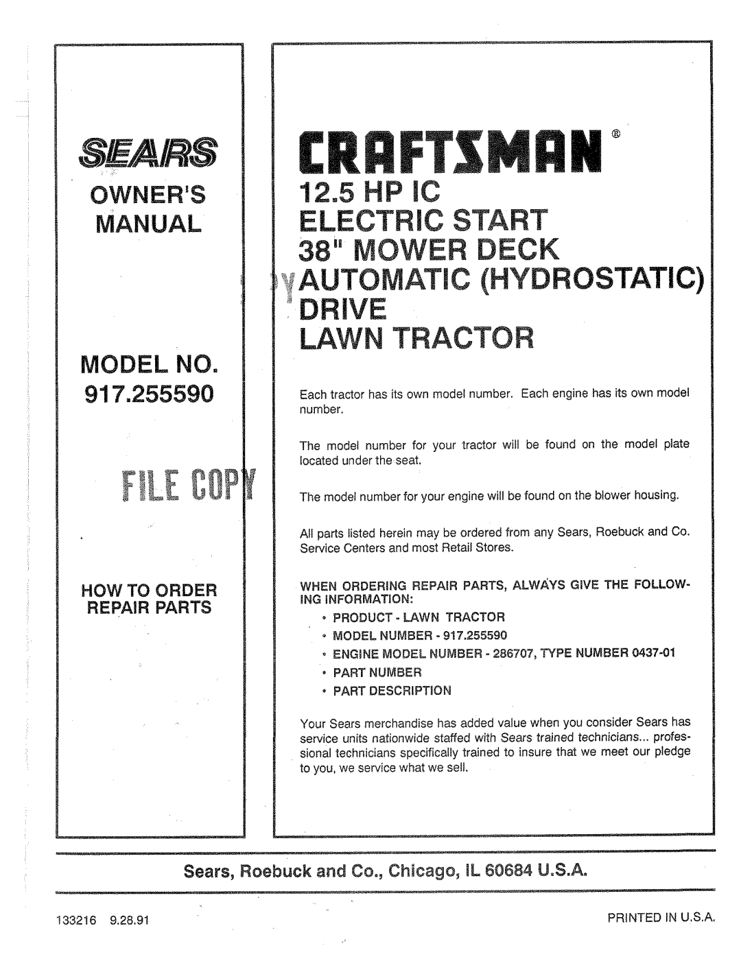 Sears 917.25559 Hp Jc, Manual, Electric Start, Mowe, Deck, _Automatic, Hydrostatic, Law Tractor, Owners, •Part Description 