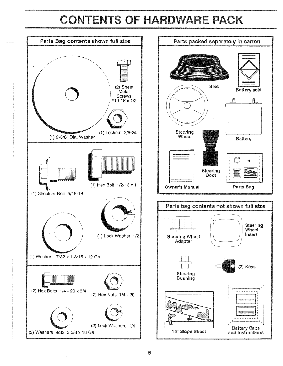 Sears 917.25559 Contents Of Hardwa Pack, Parts Bag contents shown full size, Parts packed separately in carton, Steering 