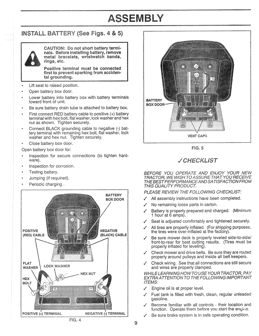 Sears 917.25559 manual iNSTALL BATTERY See Figs. 4, Checkmst, Ass Ly 